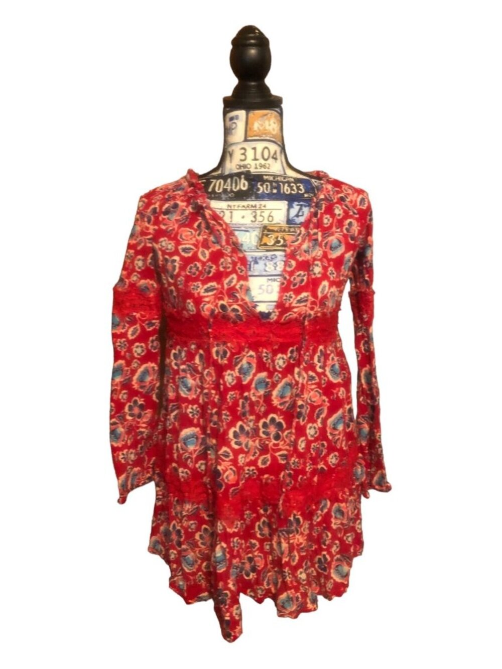 Red Camel Multi Floral Print Boho Long Sleeve Lace Accent Blouse Tie Neck Sz XS
